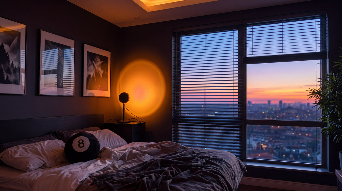 A sunset lamp casting an orange circle on the wall beside the window