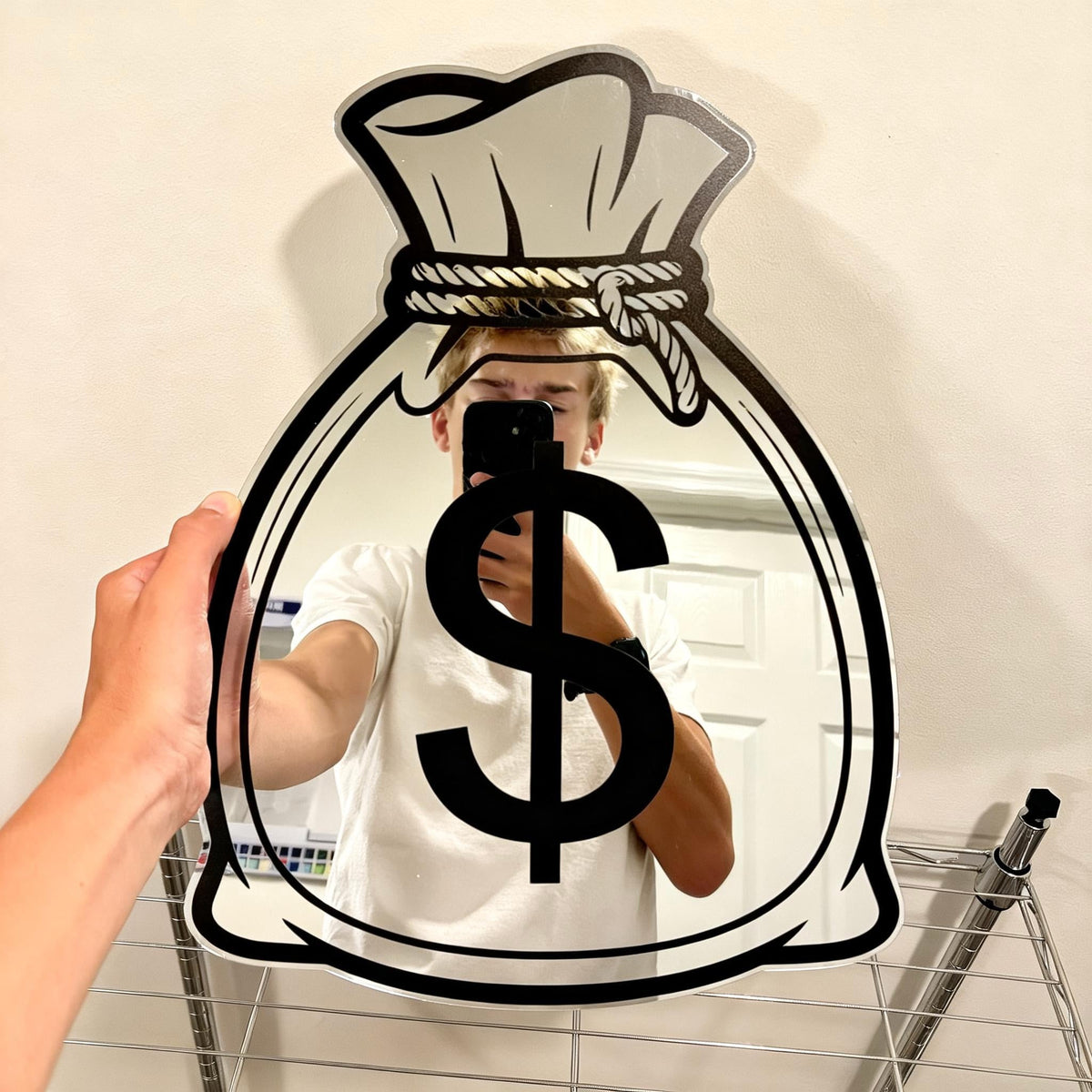 Money Bag Shaped Wall Mirror Novelty Cash Decor
