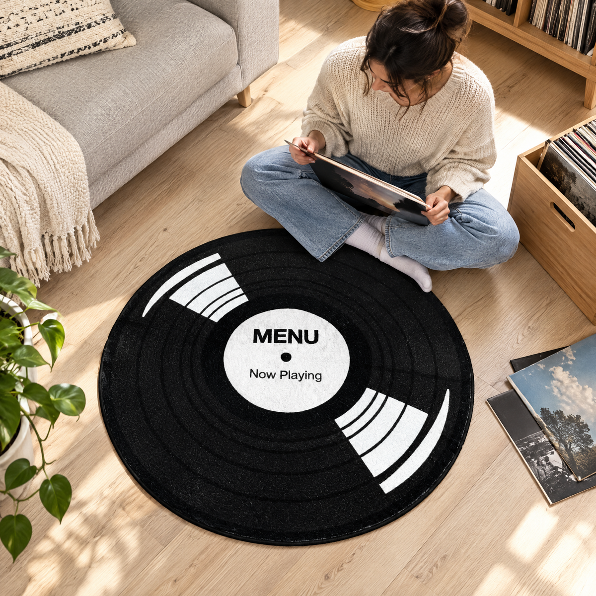 Vinyl Record Rug in a living room lifestyle setting