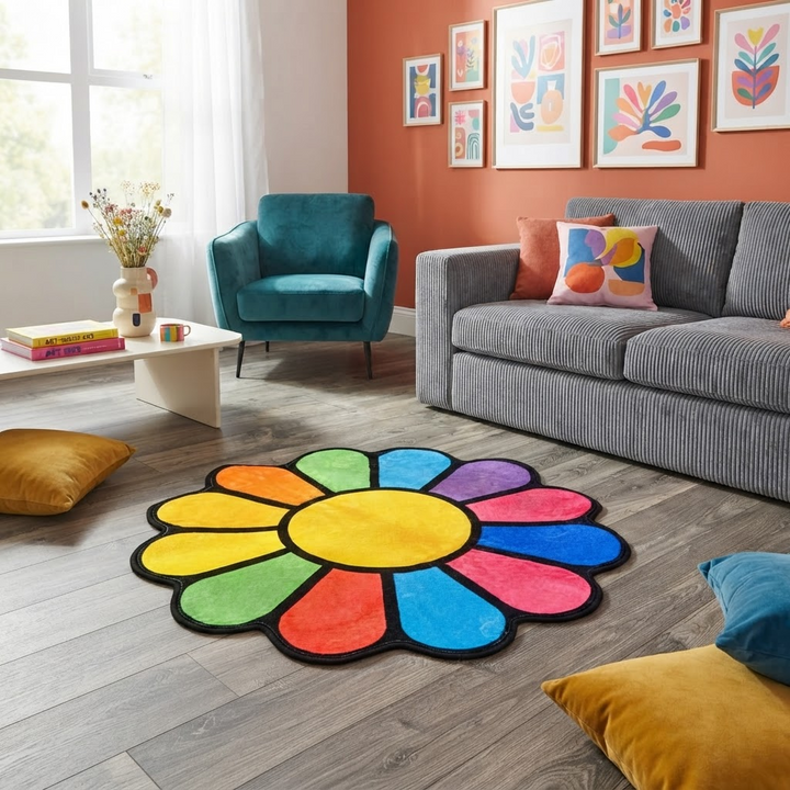 Rainbow Sunflower Print Colorful Floral Accent Rug