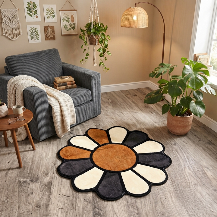 Brown Sunflower Print Boho Accent Rug