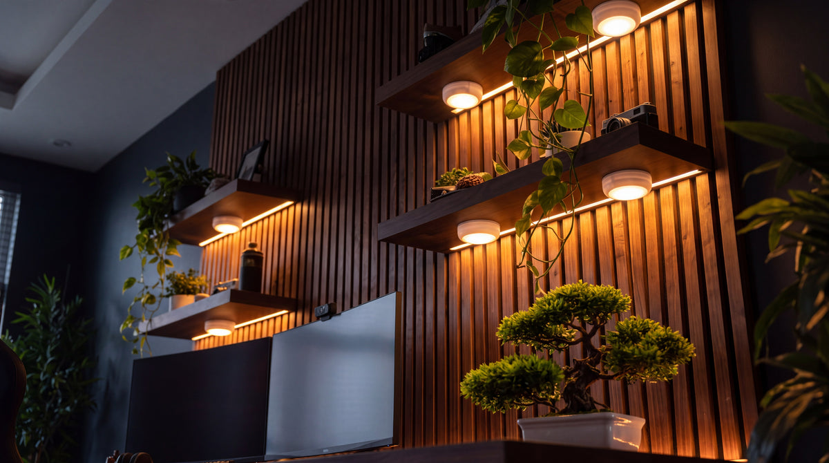 Round white puck lights glowing under floating shelves on a wood slat wall