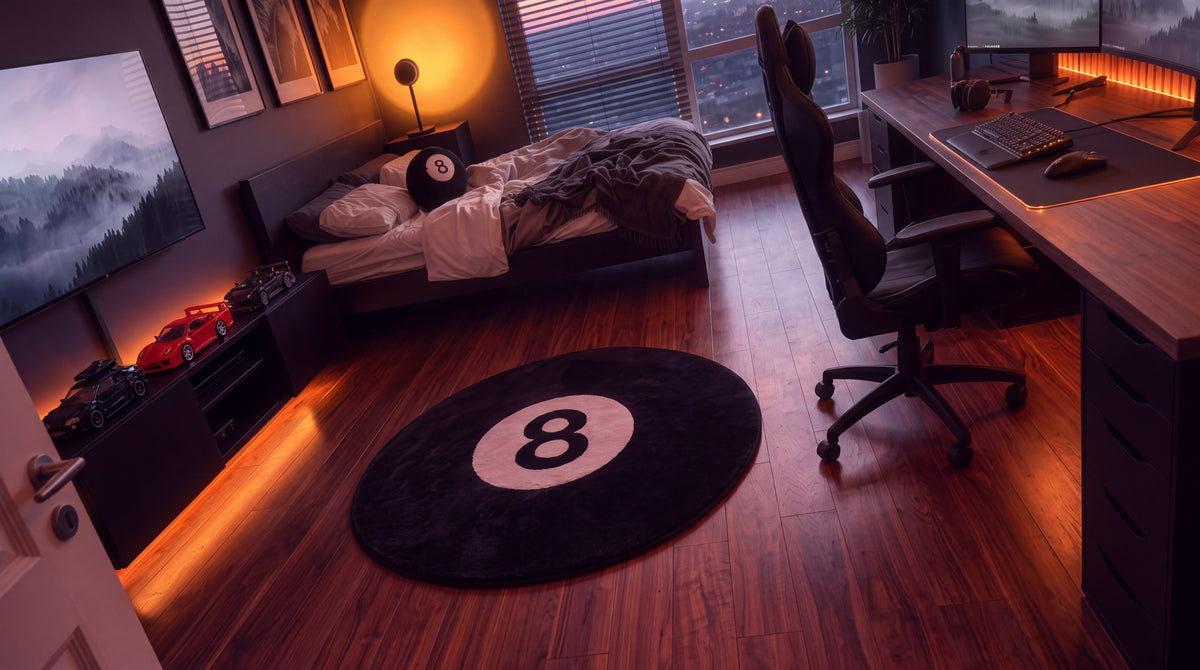 A round black 8 ball rug on a walnut floor