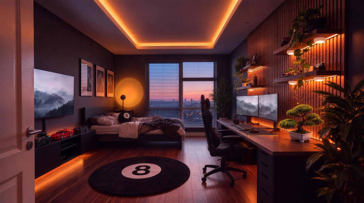 A dark modern bedroom and gaming setup at dusk furnished with an 8 ball rug, brick cars, 8 ball pillow, sunset lamp, bonsai and puck lights